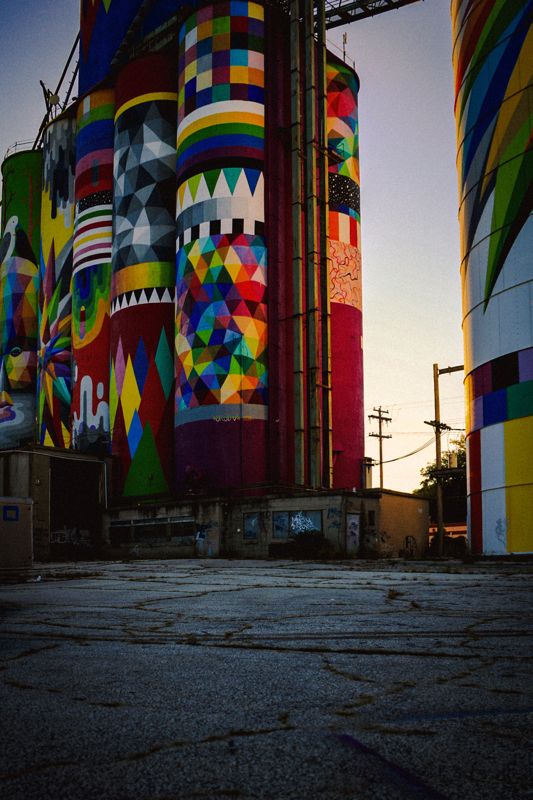 Painted grain silos — from Michigan. Photograph by Isaiah Sanchez.